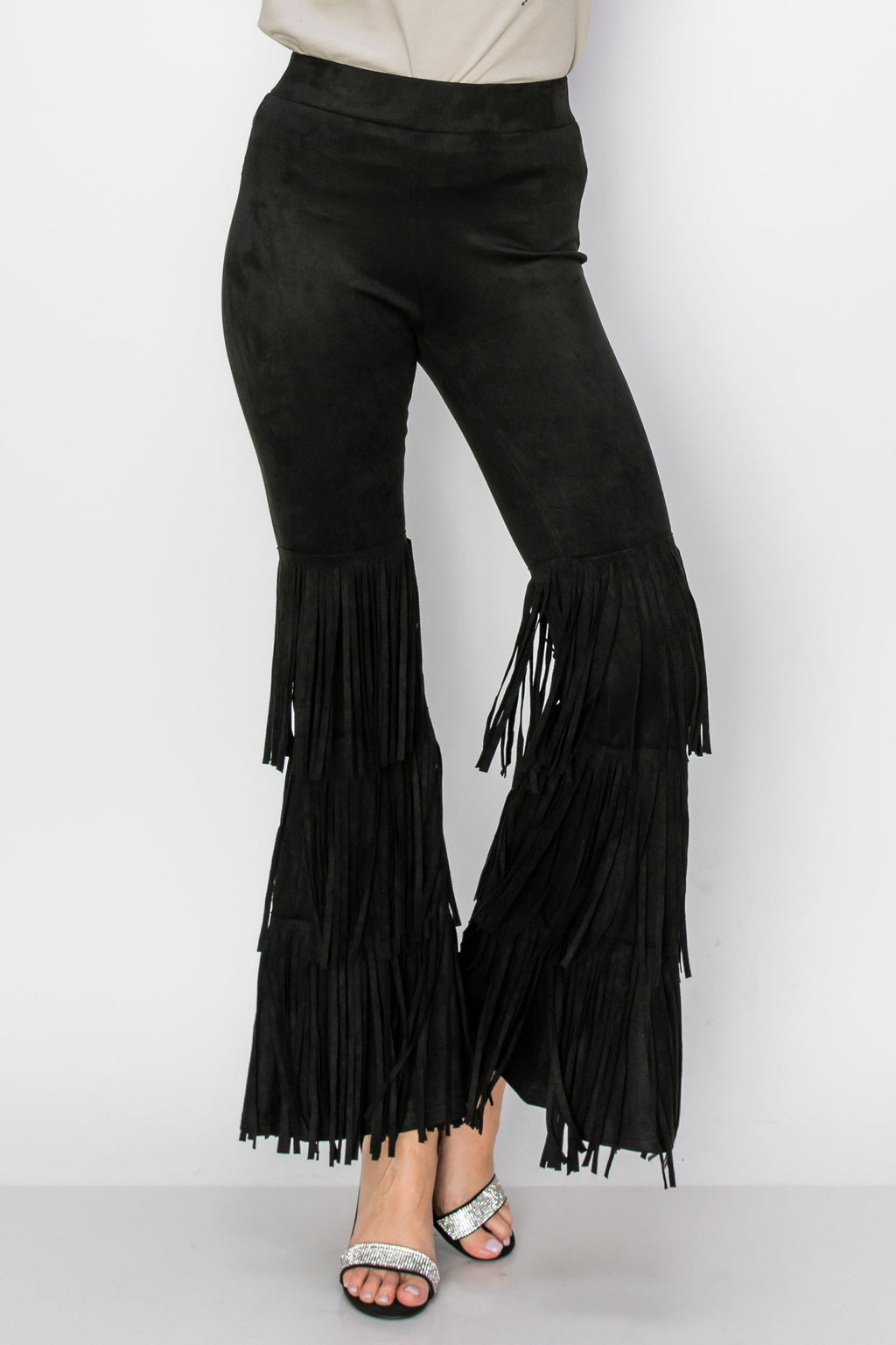 Black Tiered Fringe Suede Flare Pants
