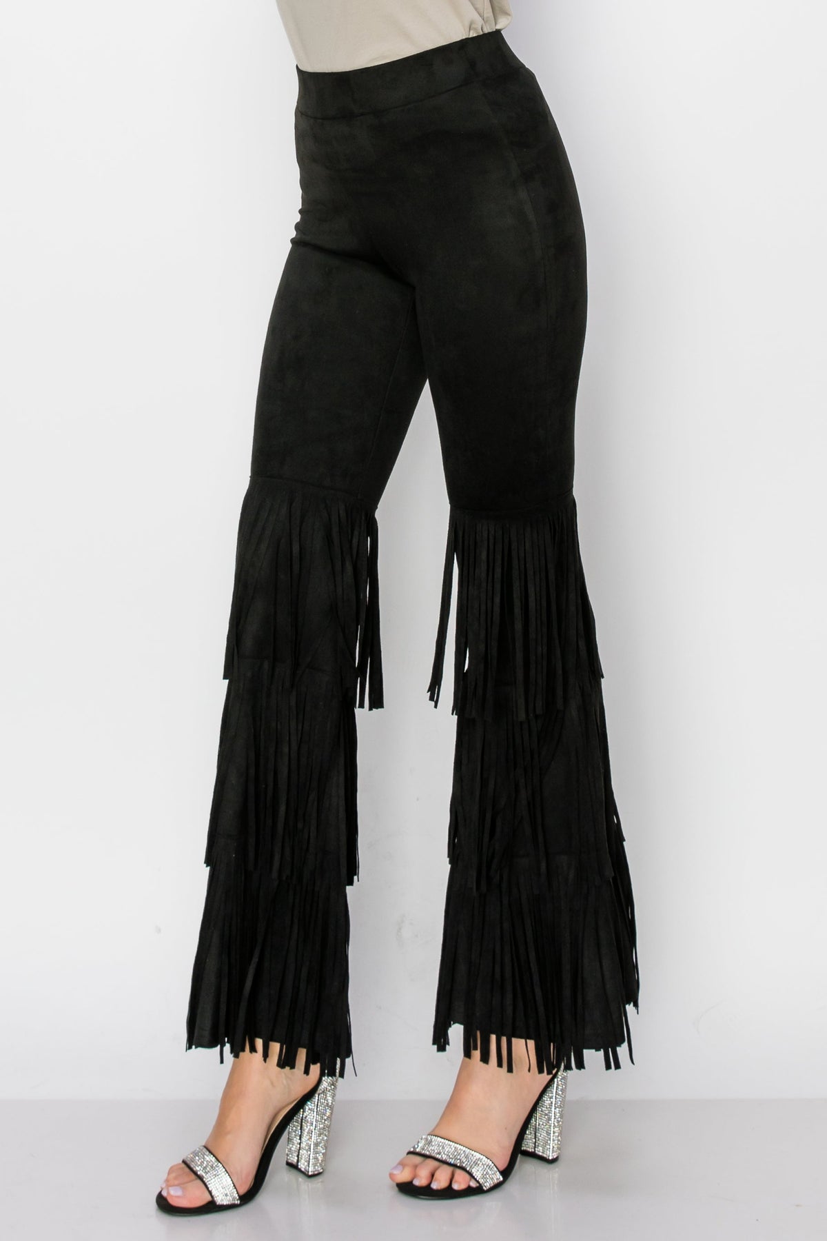 Black Tiered Fringe Suede Flare Pants