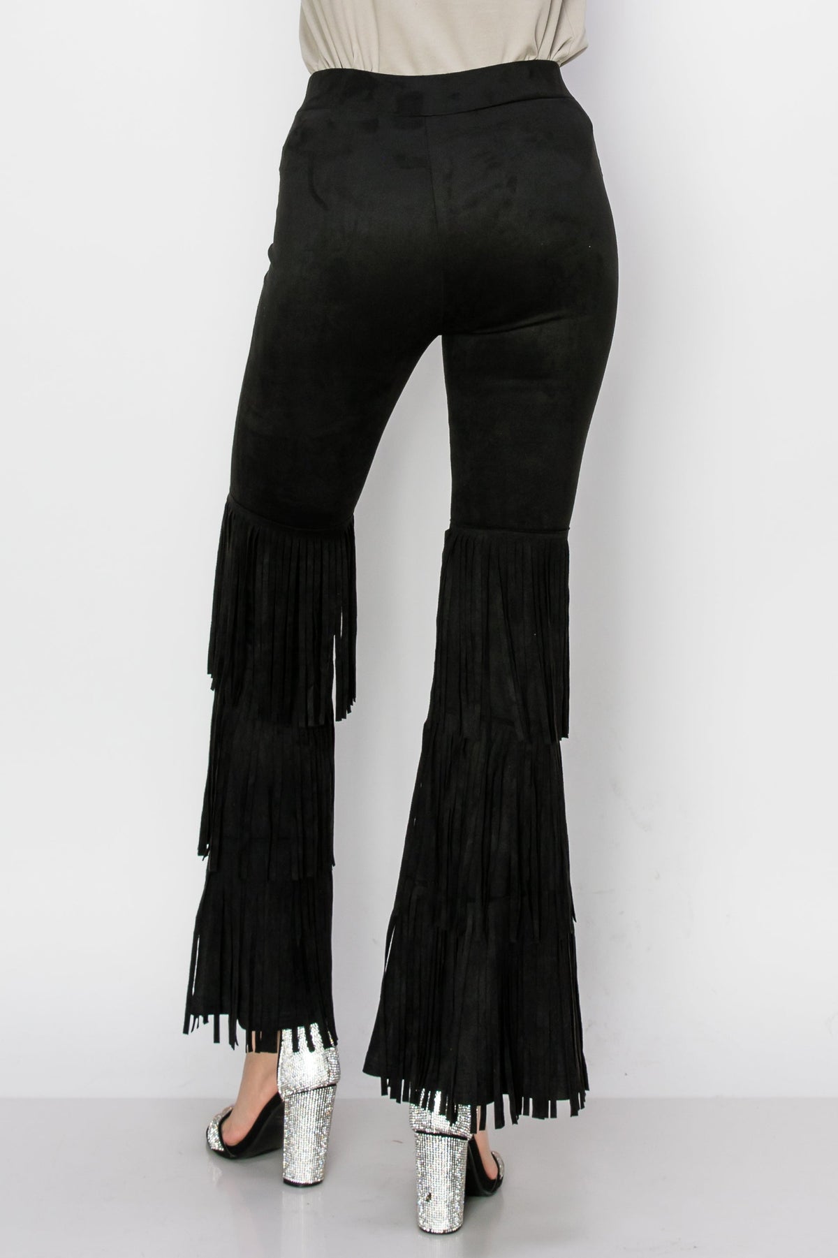 Black Tiered Fringe Suede Flare Pants