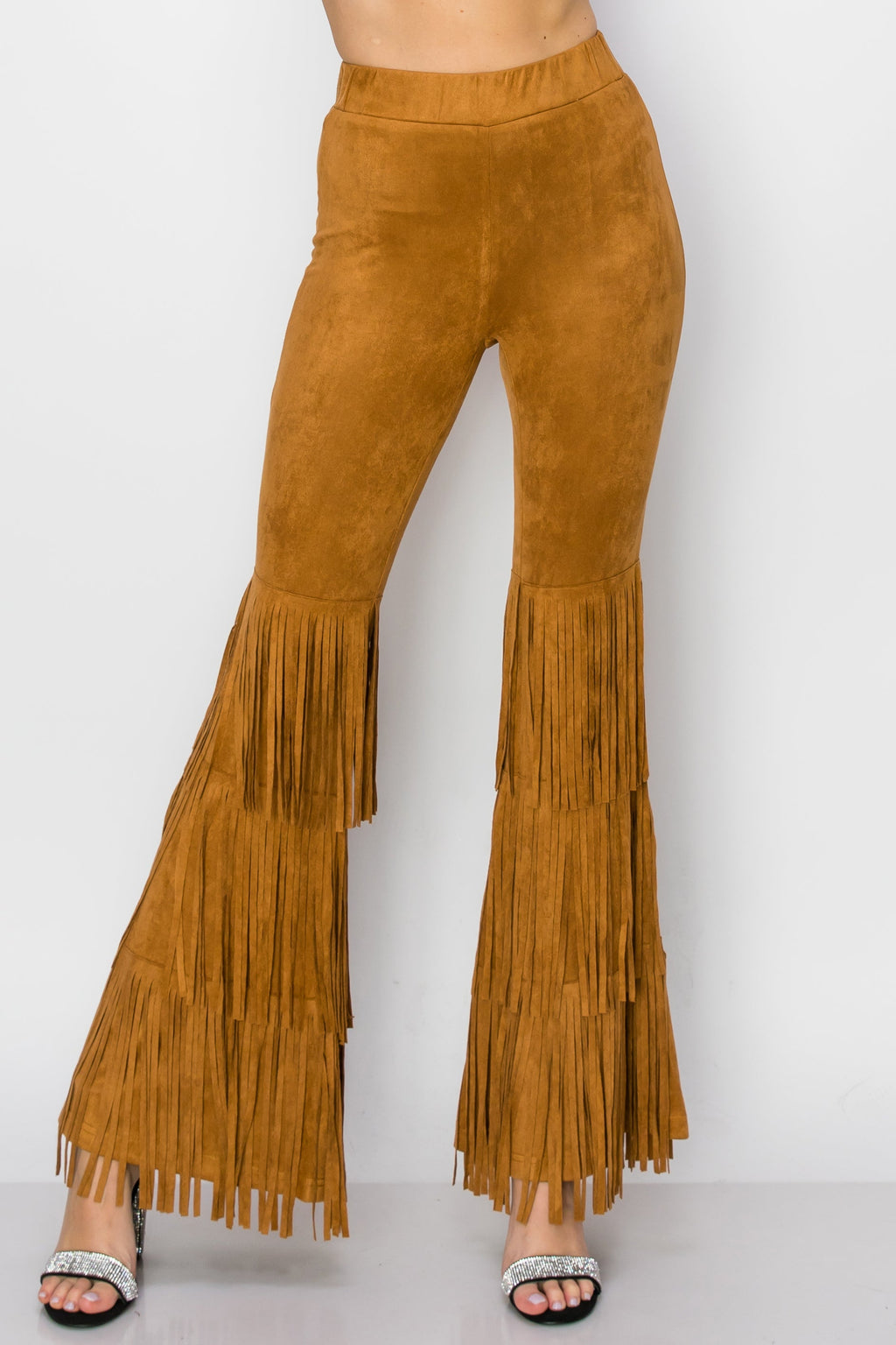 Camel Suede Knit Bell Bottom Pants with Fringe