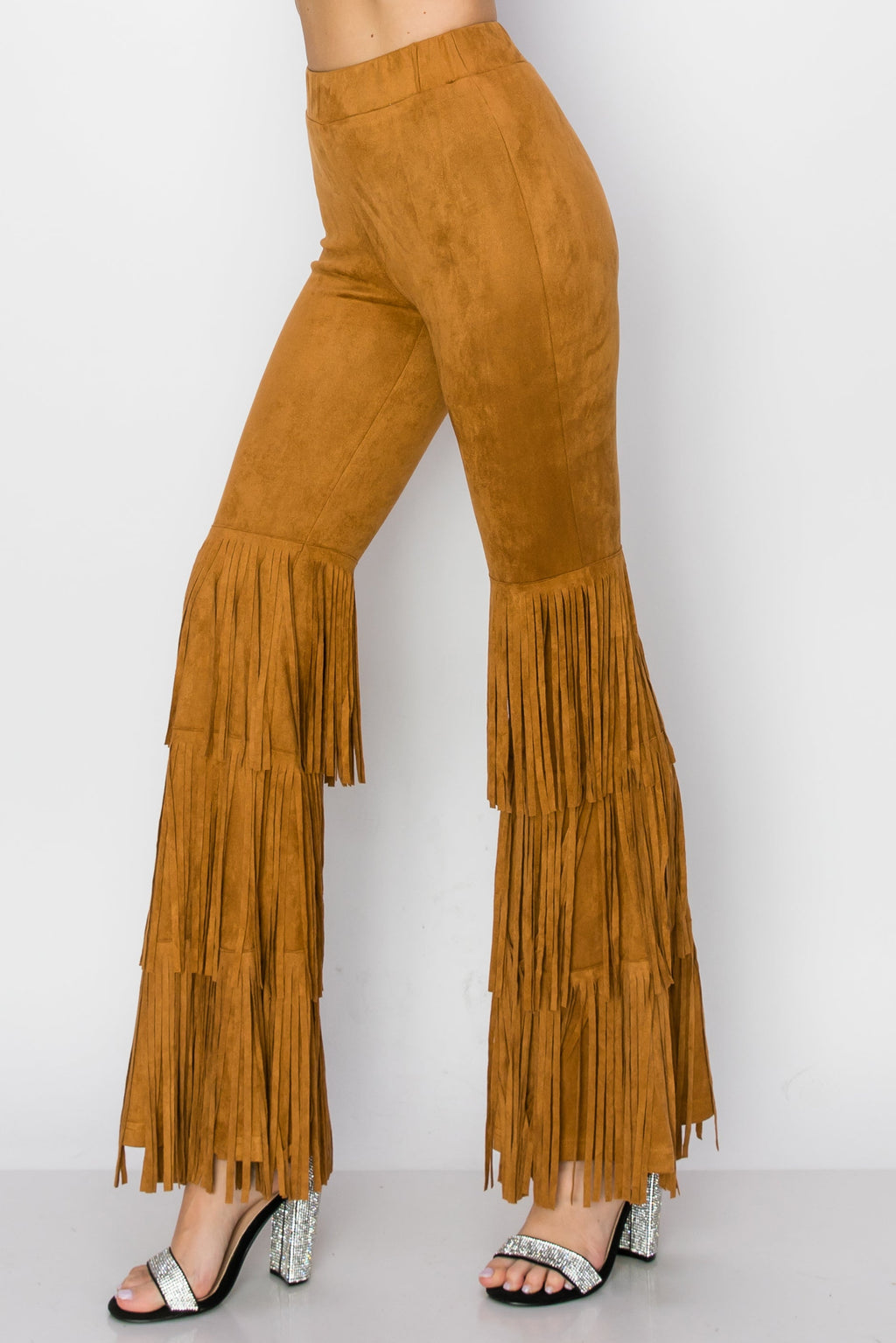 Camel Suede Knit Bell Bottom Pants with Fringe