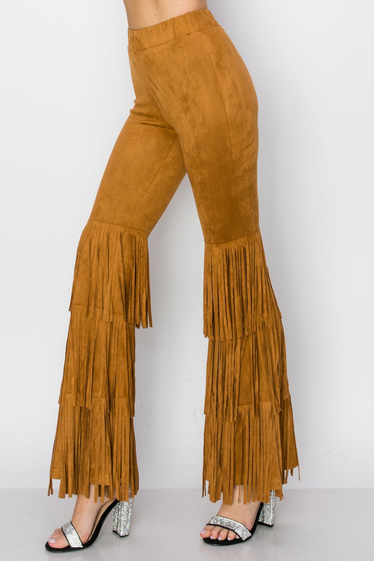 Camel Suede Knit Bell Bottom Pants with Fringe