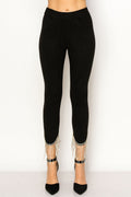 Black Crystal Fringe Hem Suede Pants
