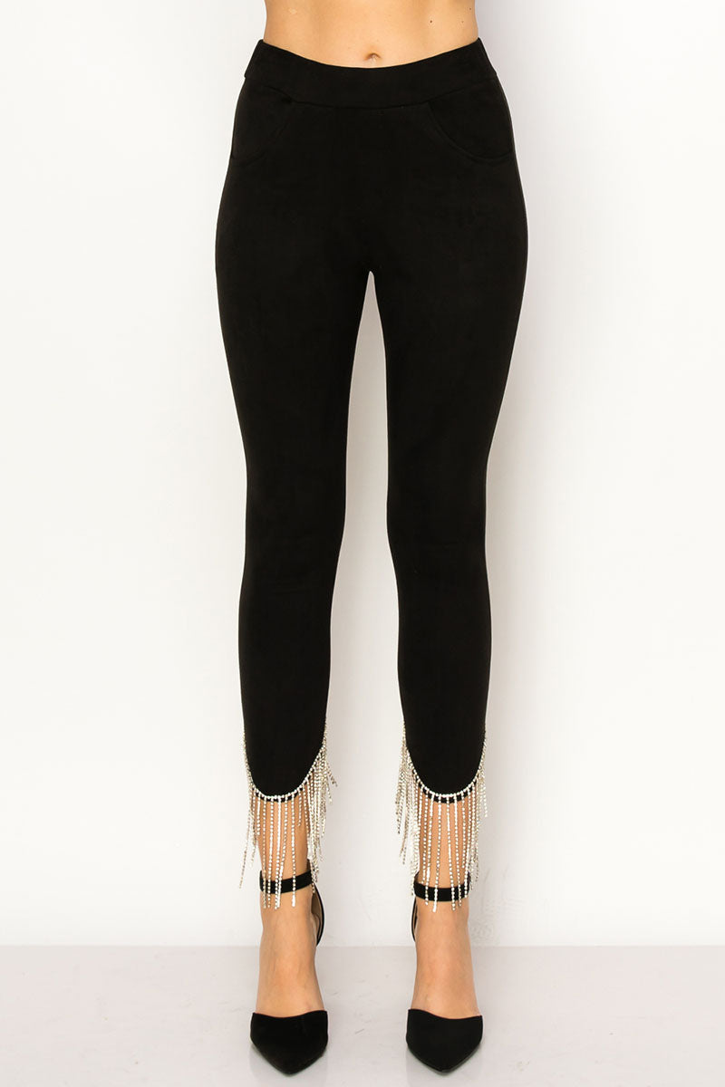 Black Crystal Fringe Hem Suede Pants