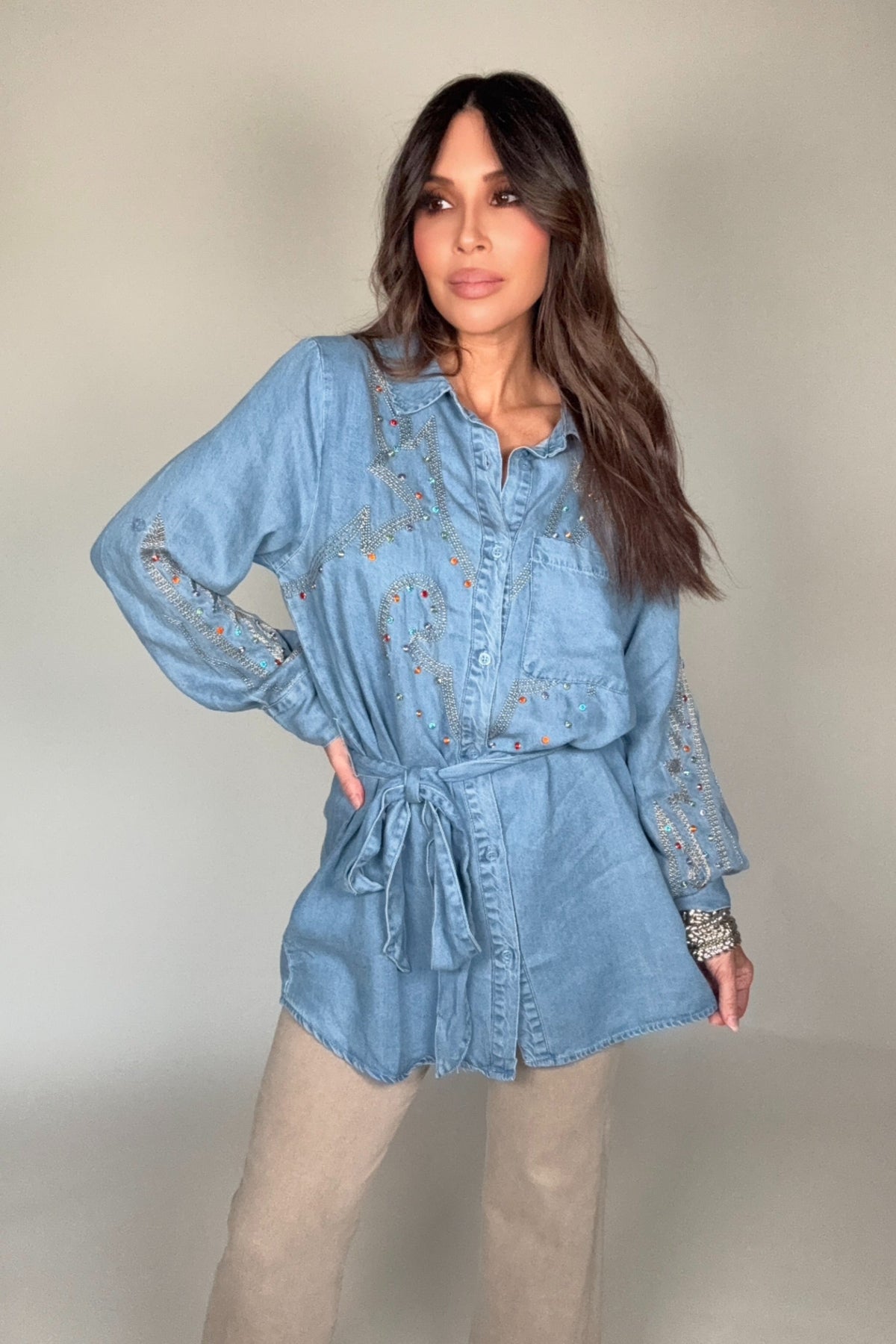 Blue B Denim Tencel Embroidered Studded Tunic