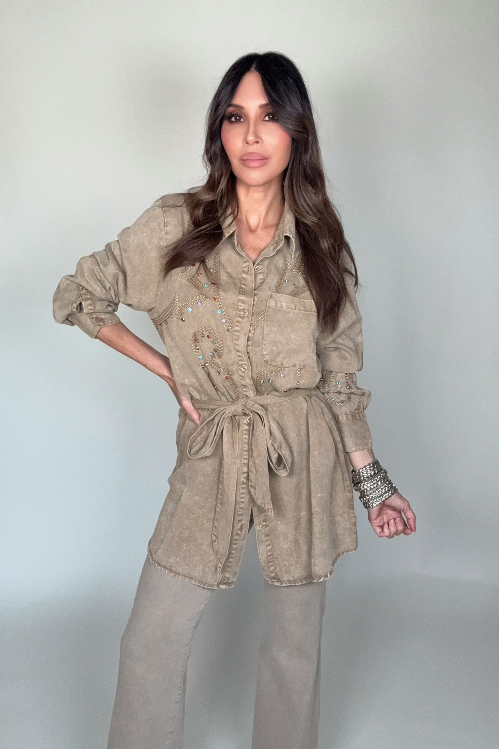 Blue B Camel Tencel Embroidered Studded Tunic