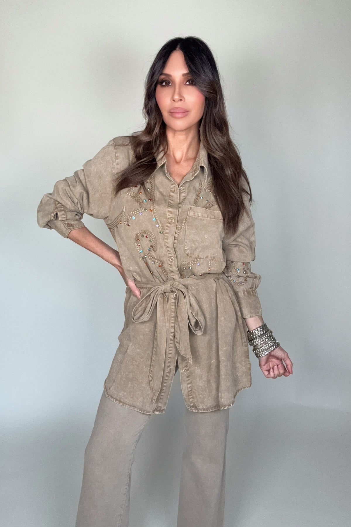 Blue B Camel Tencel Embroidered Studded Tunic