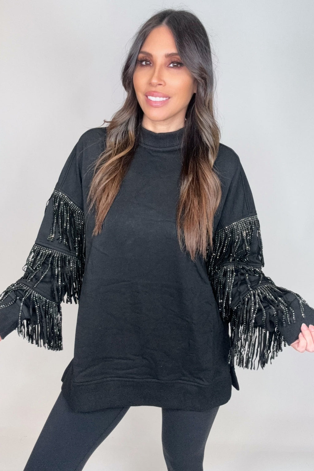 Black Studded Fringe Sleeve Top