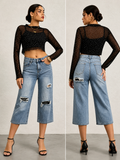 Blue Distressed Crop Wide Leg Jeans