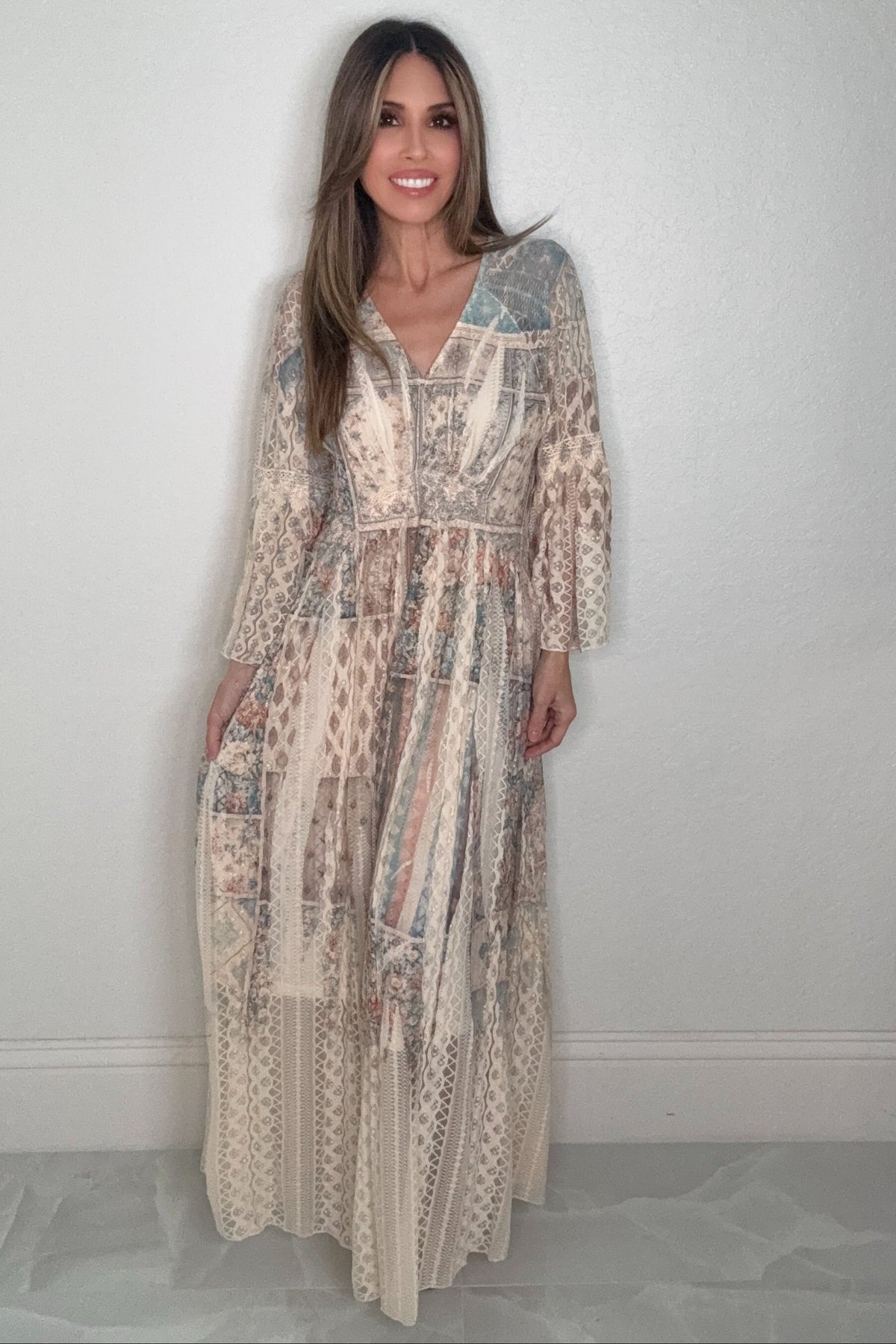 Blue Floral Patch Lace V Neck Maxi Dress
