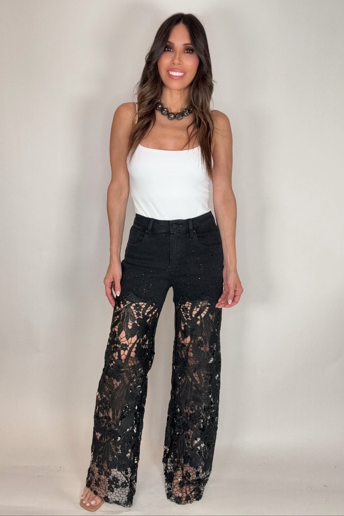 Bayeas Black High Rise Wide Leg Lace Embellished Jeans
