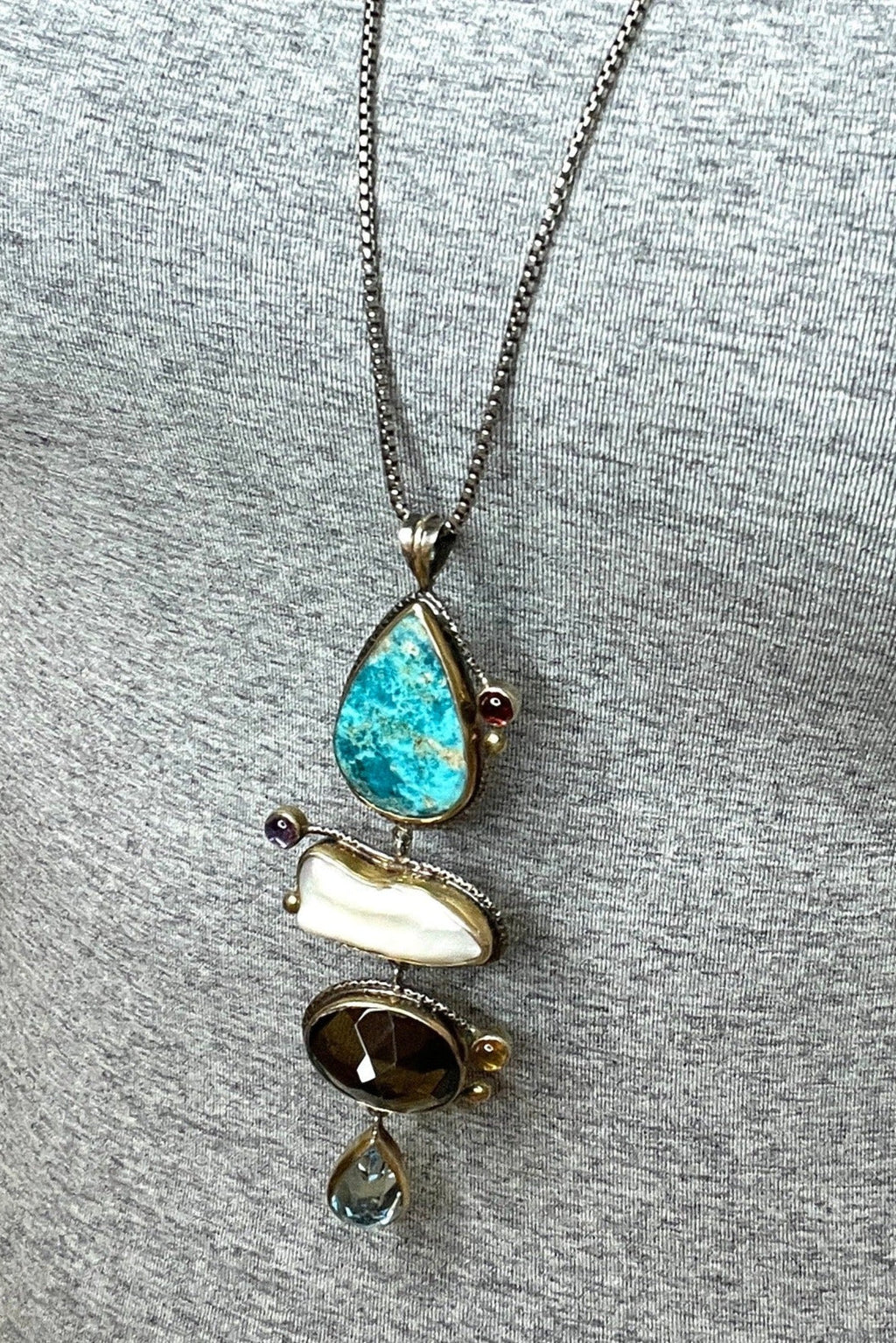 4 Tier Multi Gemstone Turquoise and Pearl Pendant
