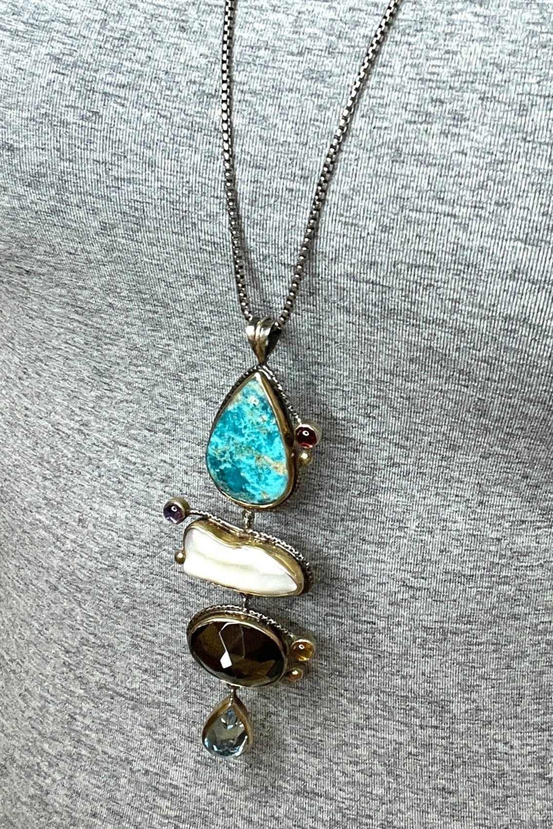 4 Tier Multi Gemstone Turquoise and Pearl Pendant