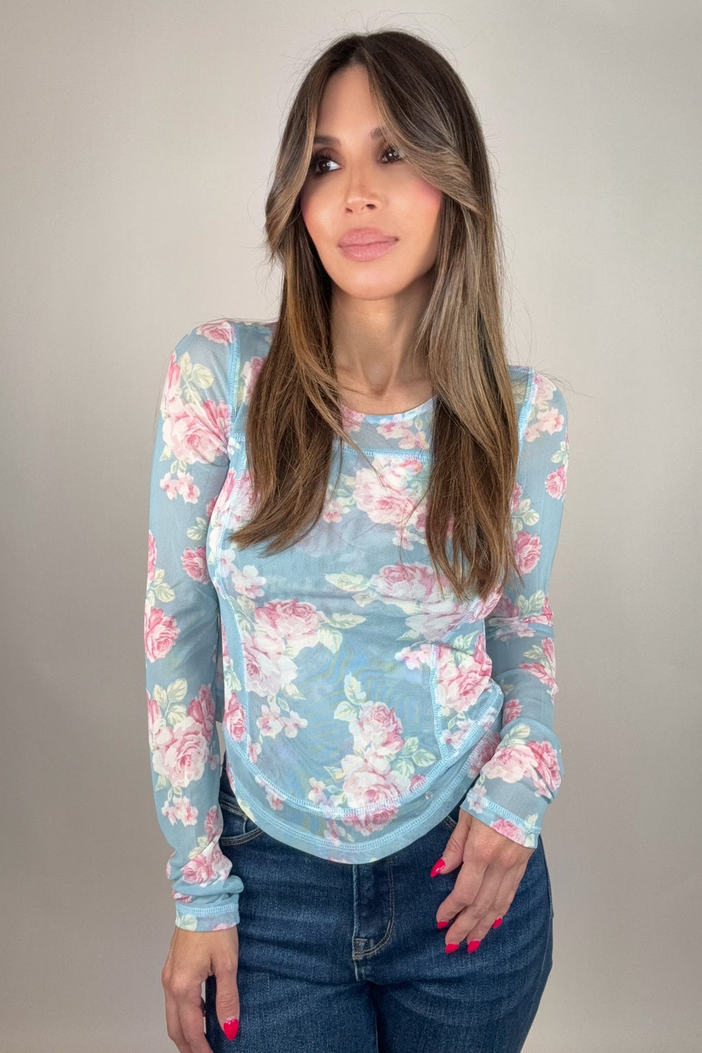 Blue Floral Mesh Long Sleeve Layering Top