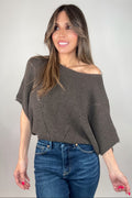 Brown Short-Sleeve Ribbed Knit Sweater