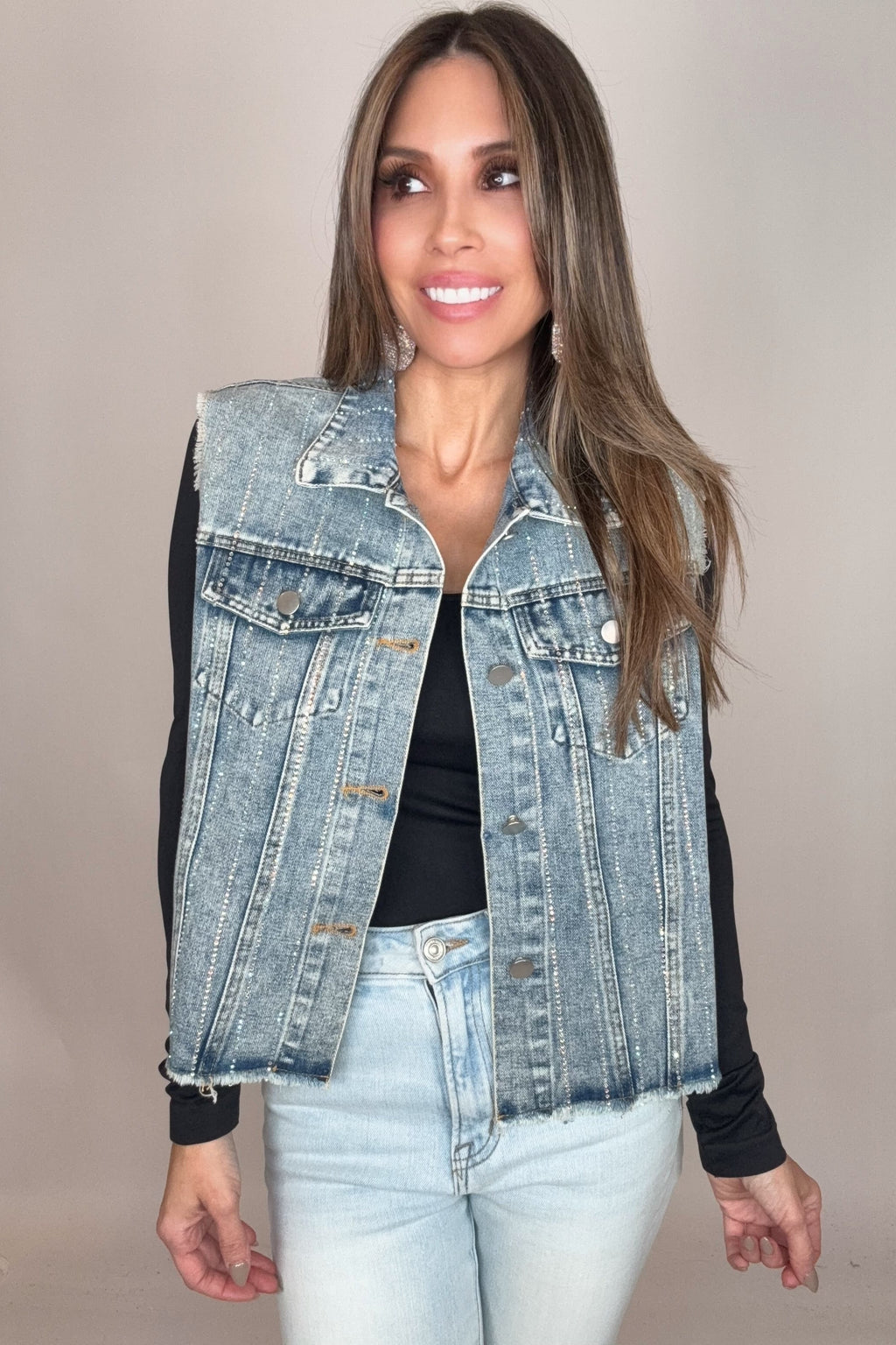 Blue Crystal Stripe Denim Vest