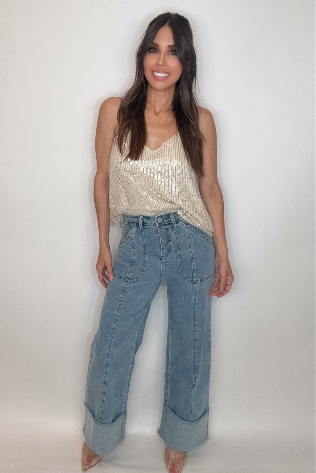 Blue B Cuffed Sequin Bottom Detailed Jeans