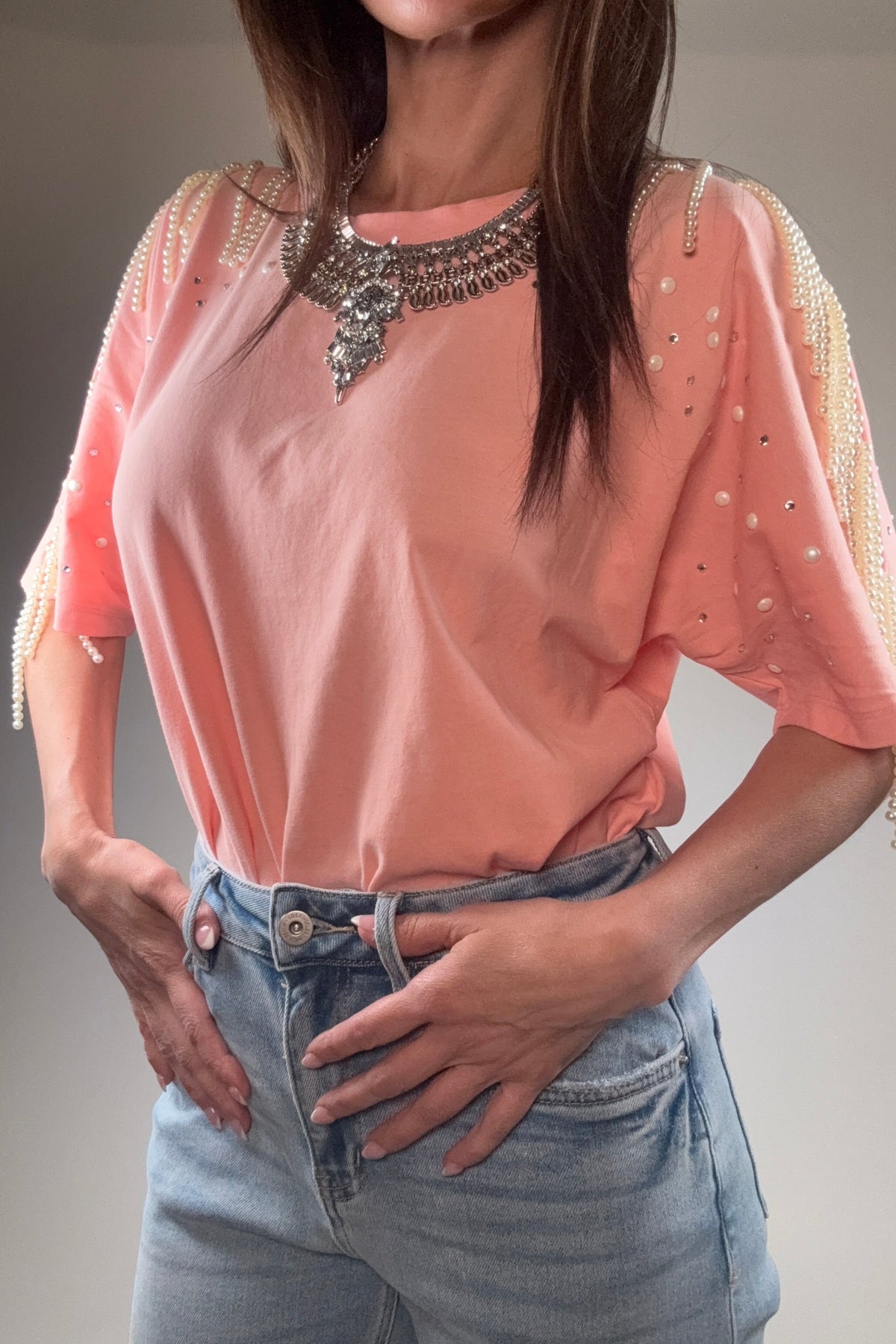Blue B Pearl Fringe Shoulder T Shirt
