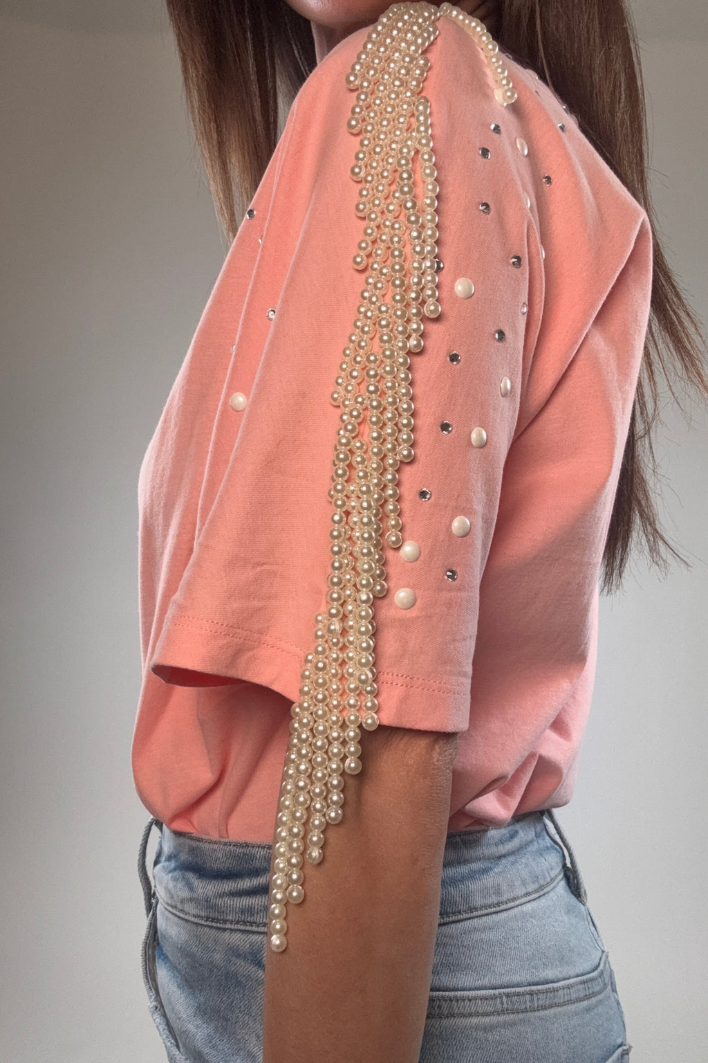 Blue B Pearl Fringe Shoulder T Shirt