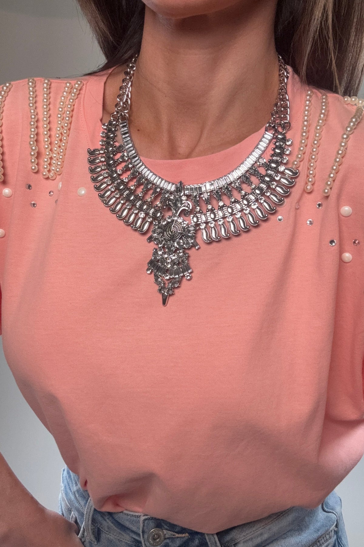 Blue B Pearl Fringe Shoulder T Shirt