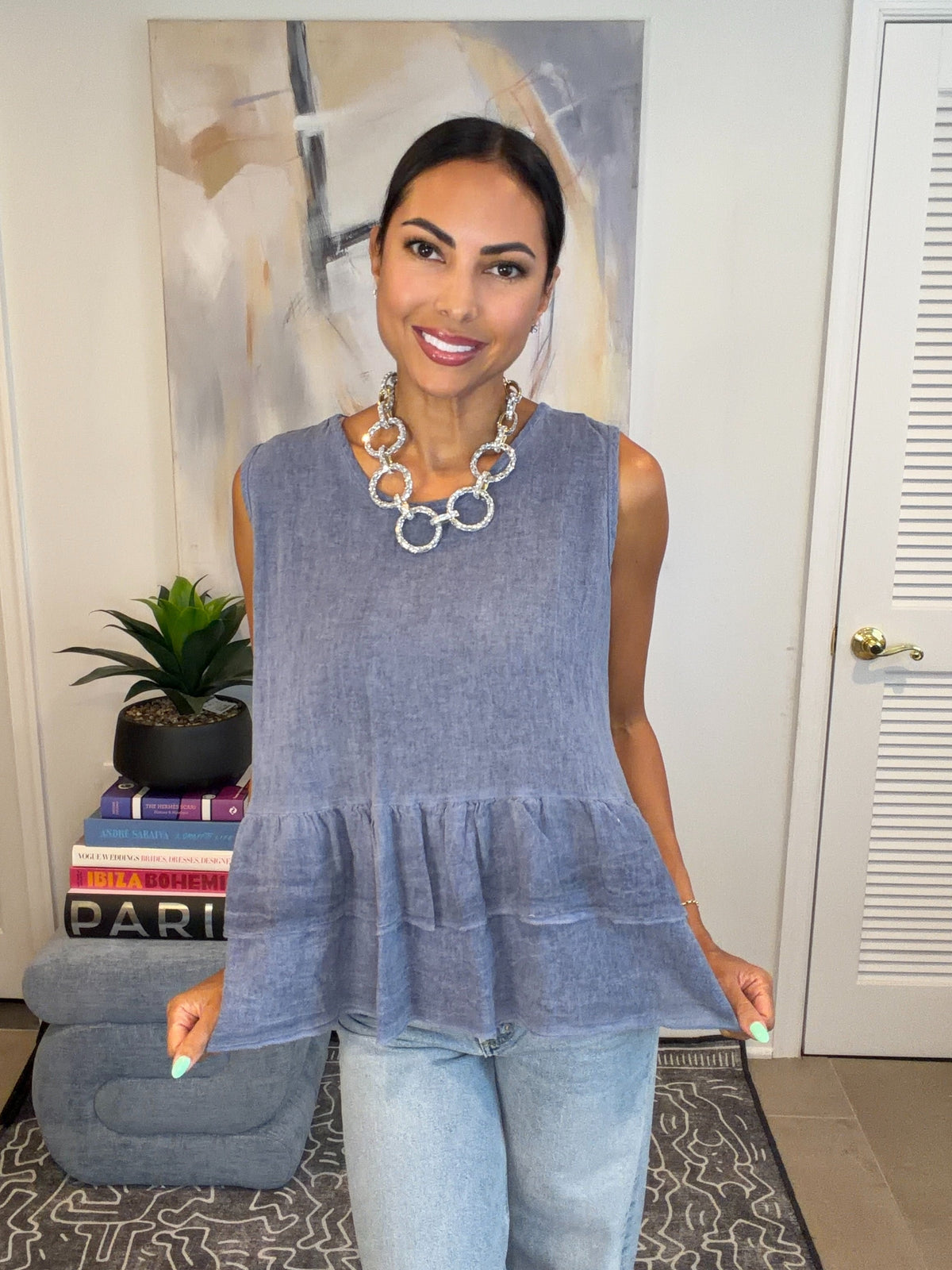 Blue Ruffle Peplum Sleeveless Top