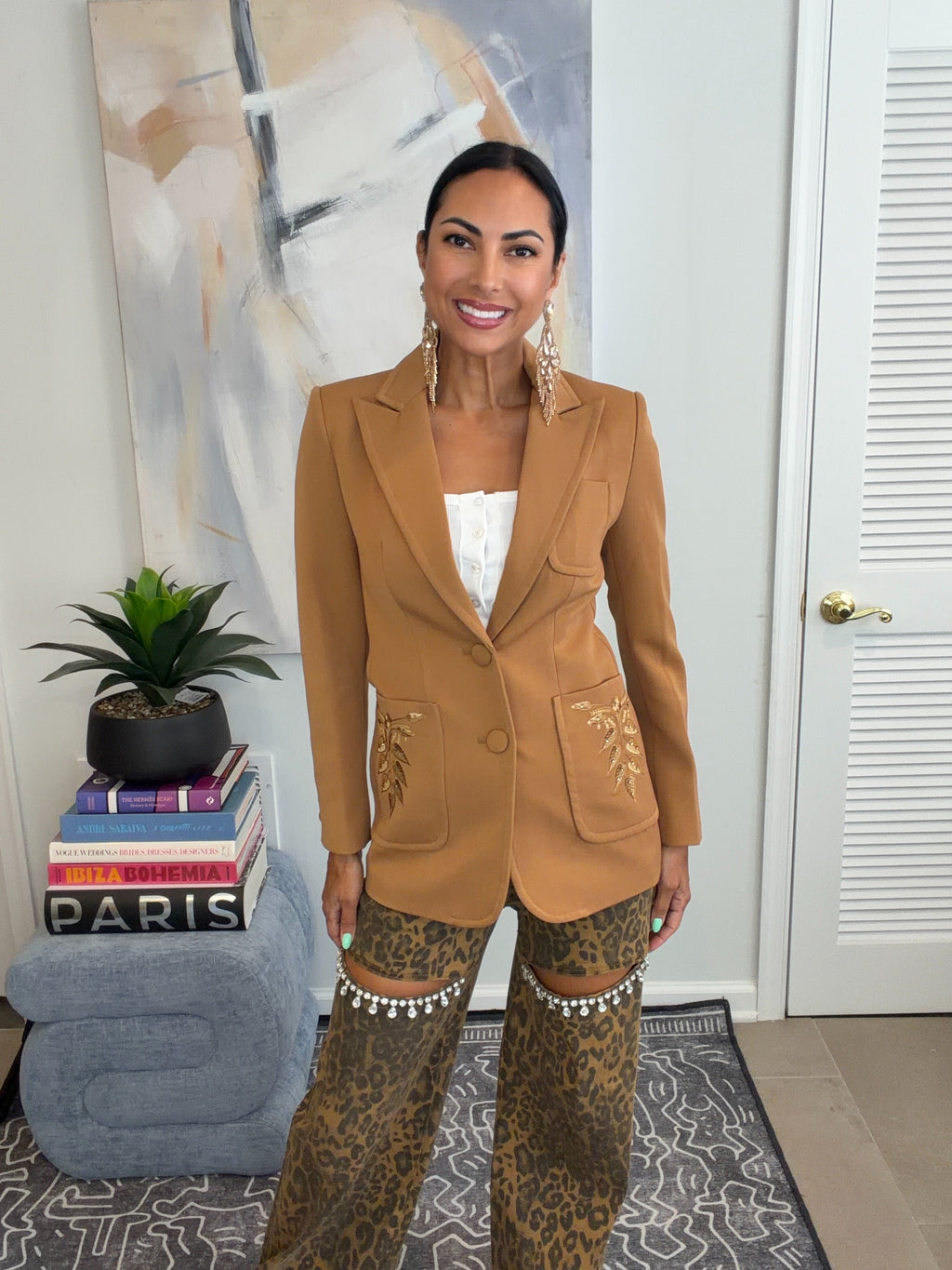 Camel Embellished Pocket Fitted Blazer