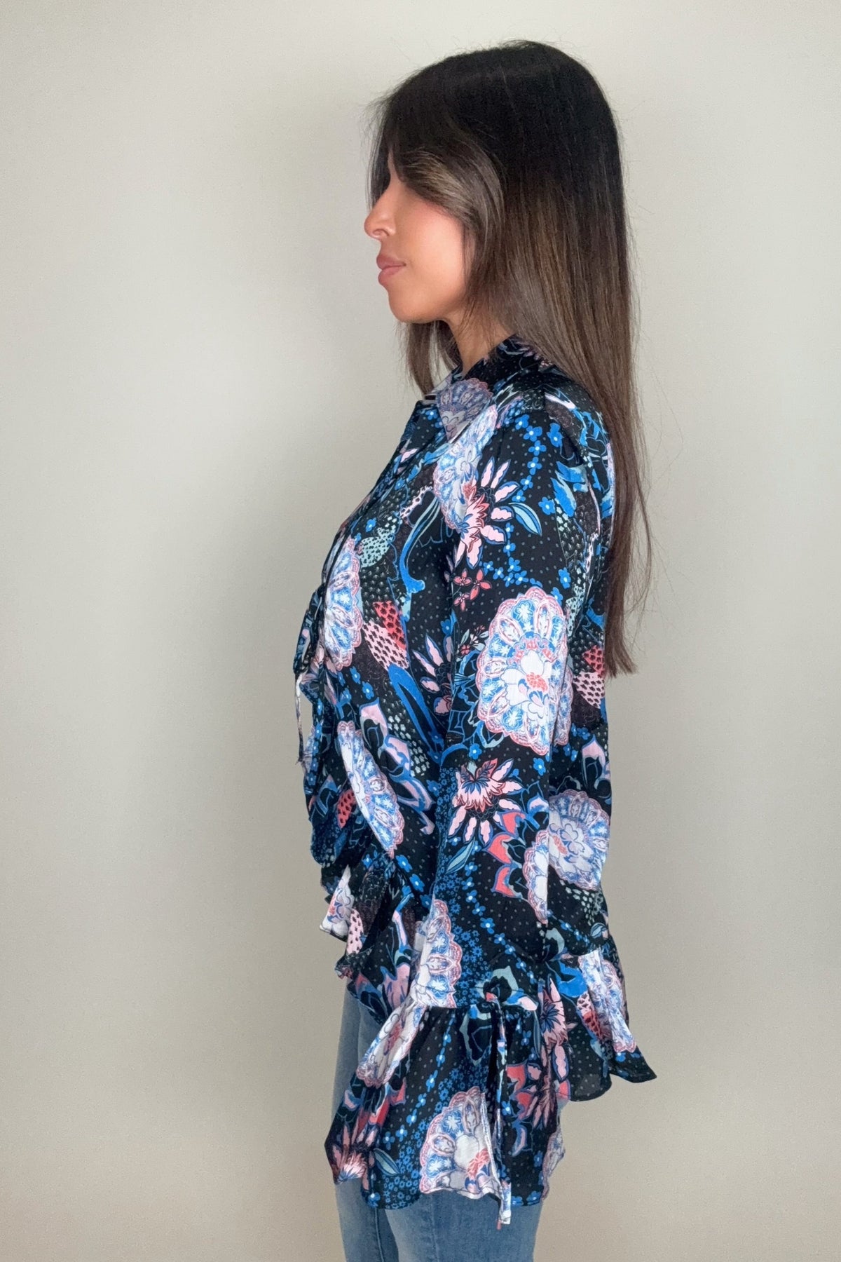 Black Ruffle Flare Sleeve Top