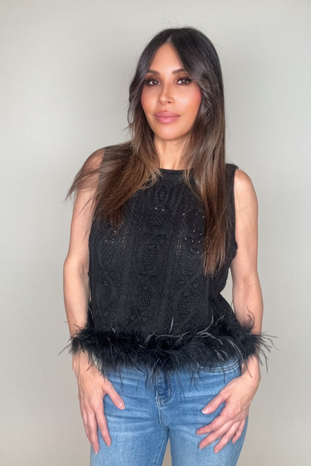 Black Feather Trim Top