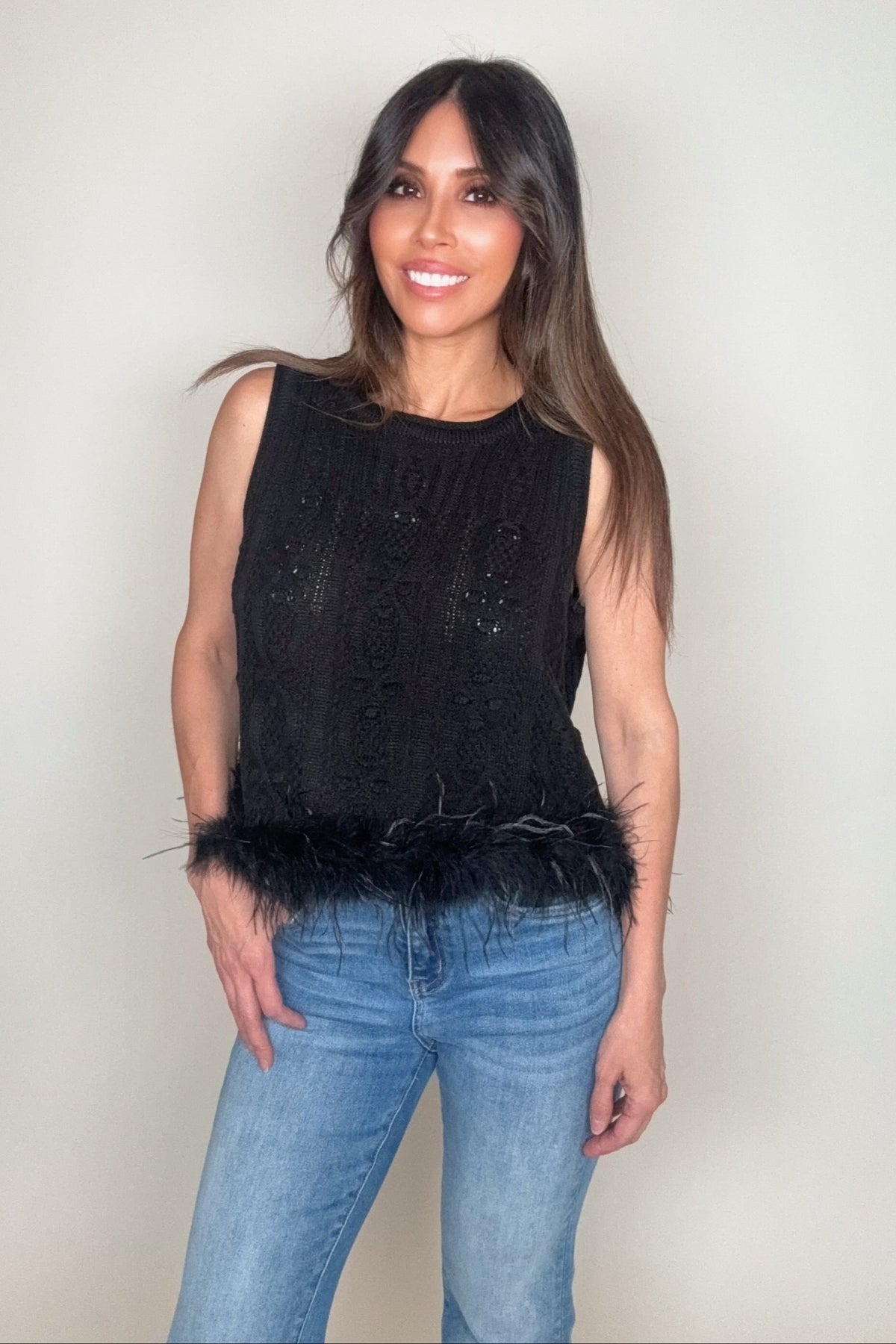Black Feather Trim Top