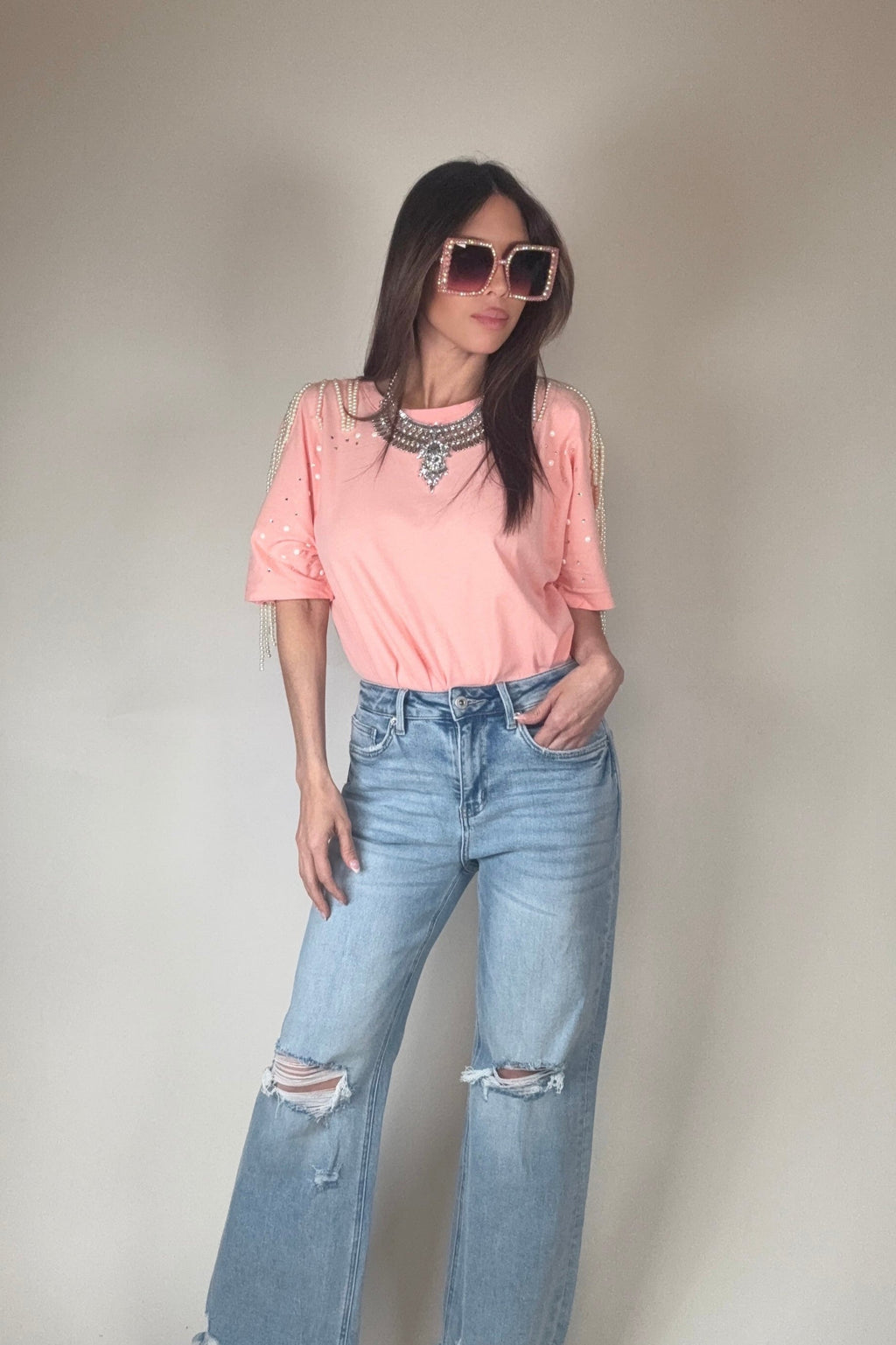 Blue B Pearl Fringe Shoulder T Shirt