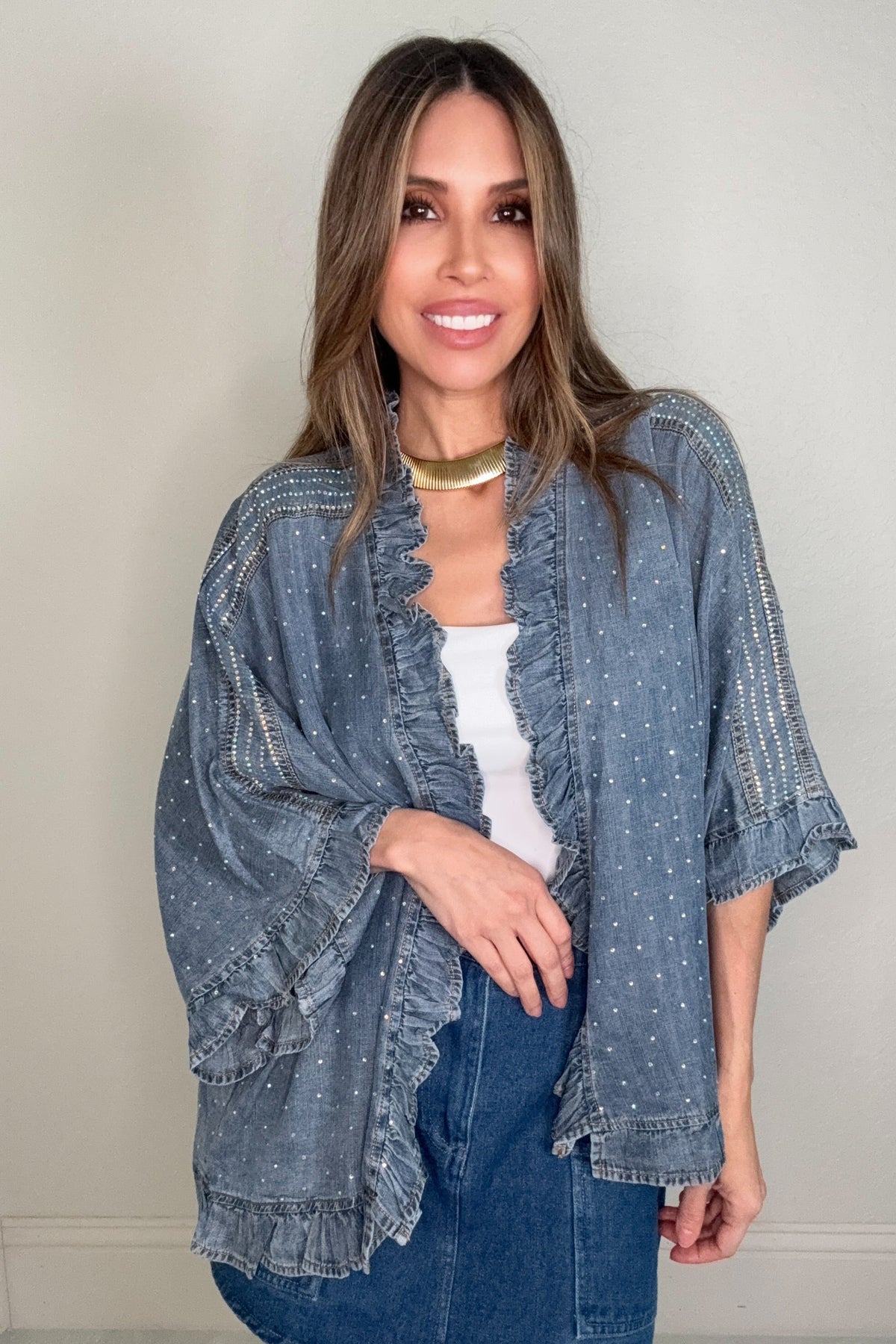 Chambray Crystal Embellished Denim Jacket