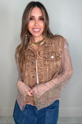 Chocolate Brown Denim Crystal Mesh Sleeve Jacket