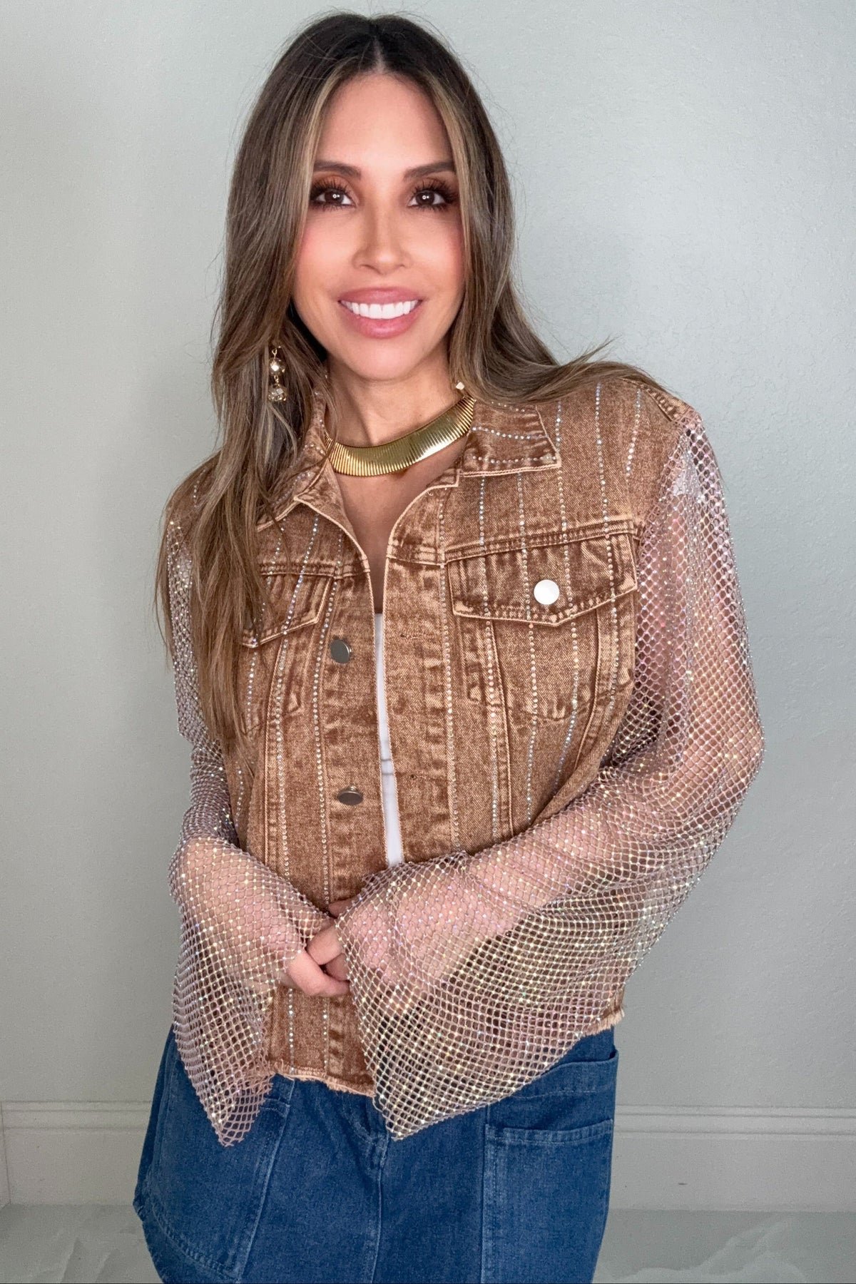 Chocolate Brown Denim Crystal Mesh Sleeve Jacket