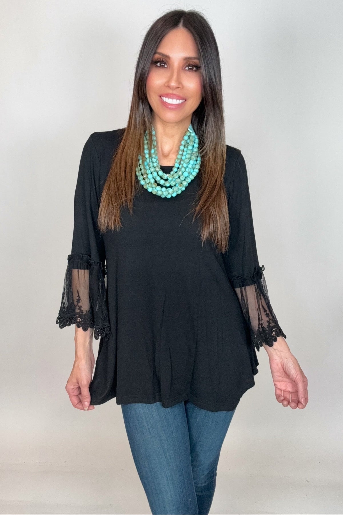 Black Tunic Top with Lace Sleeve
