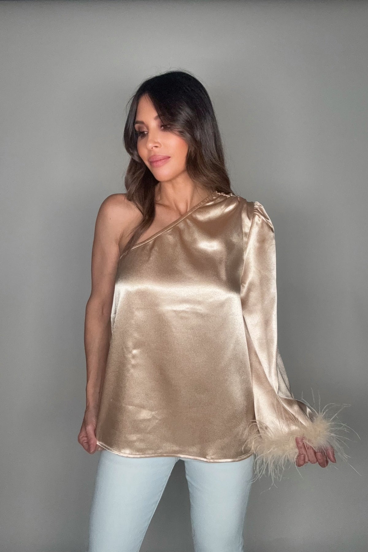 Champagne Single Sleeve Feather Top