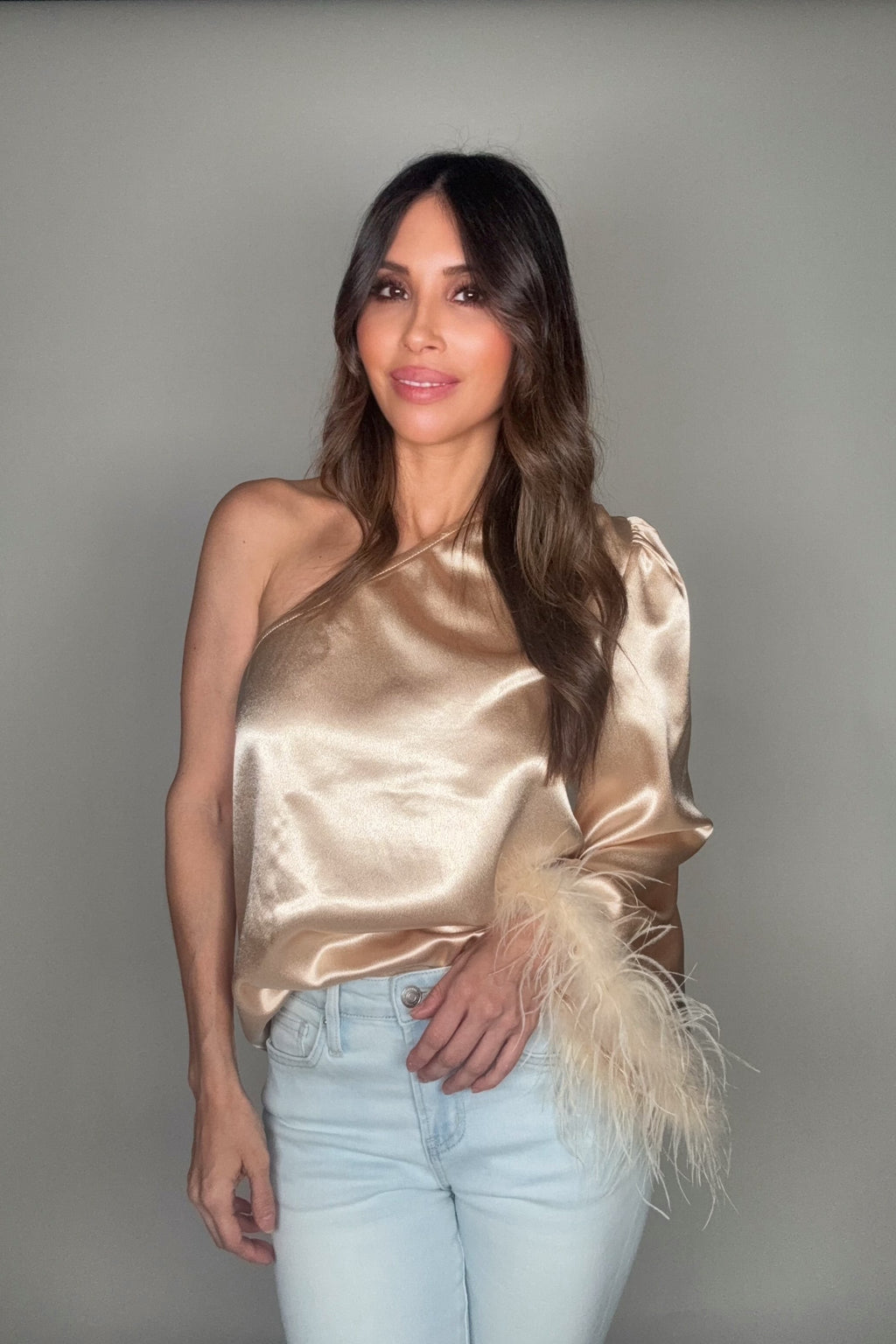 Champagne Single Sleeve Feather Top