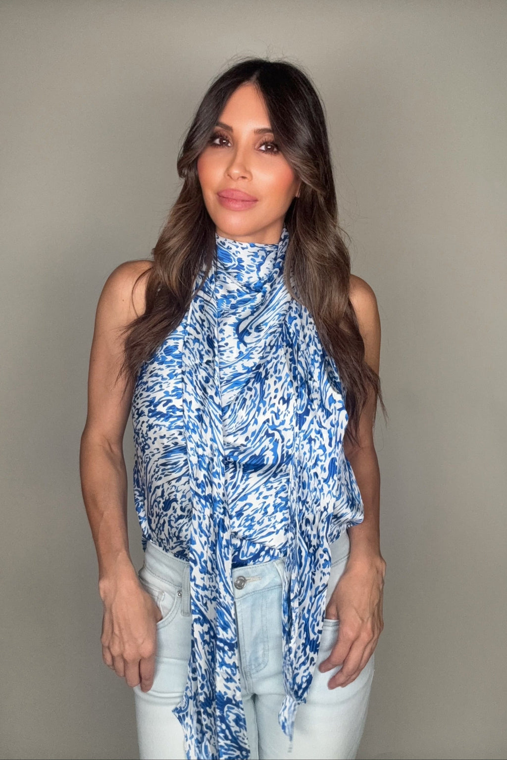 Blue Mock Neck Tie Top