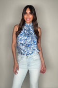 Blue Mock Neck Tie Top