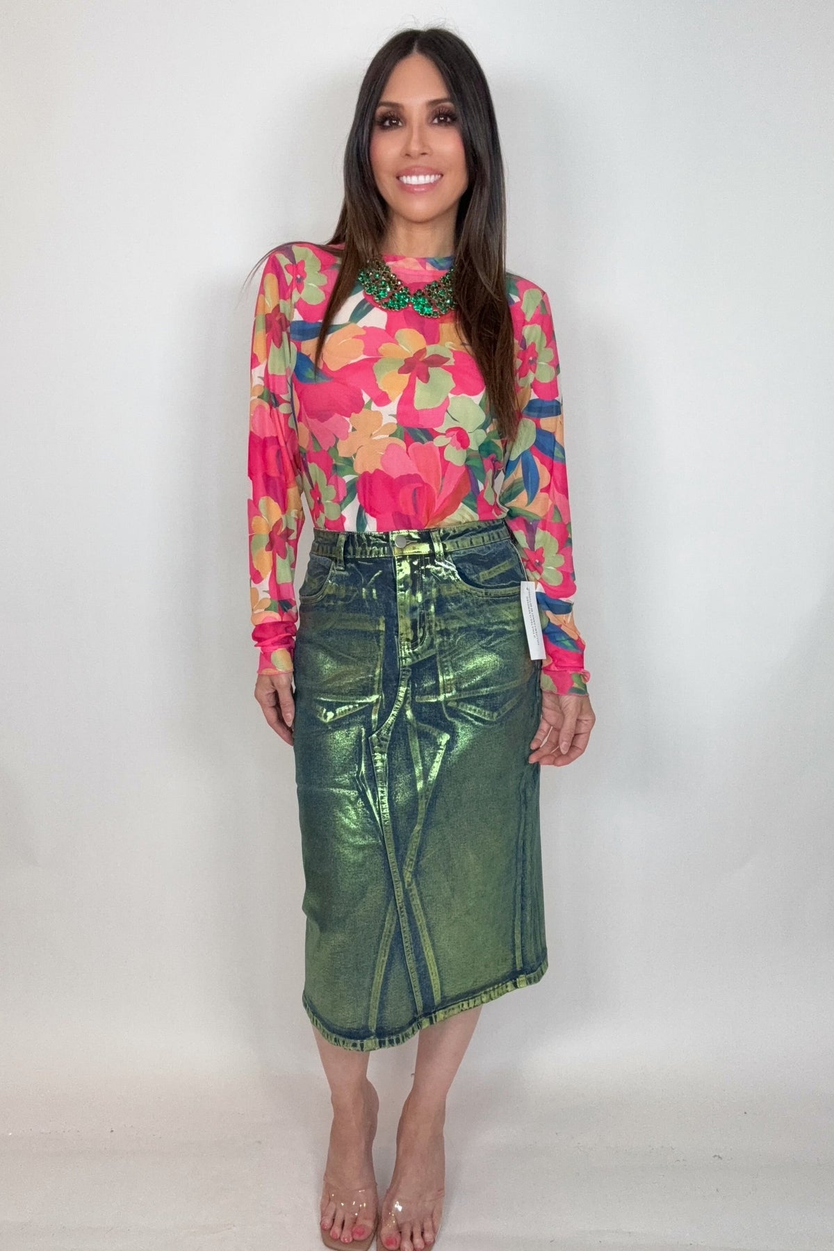 Clara Green Denim Foil Coated Midi Skirt