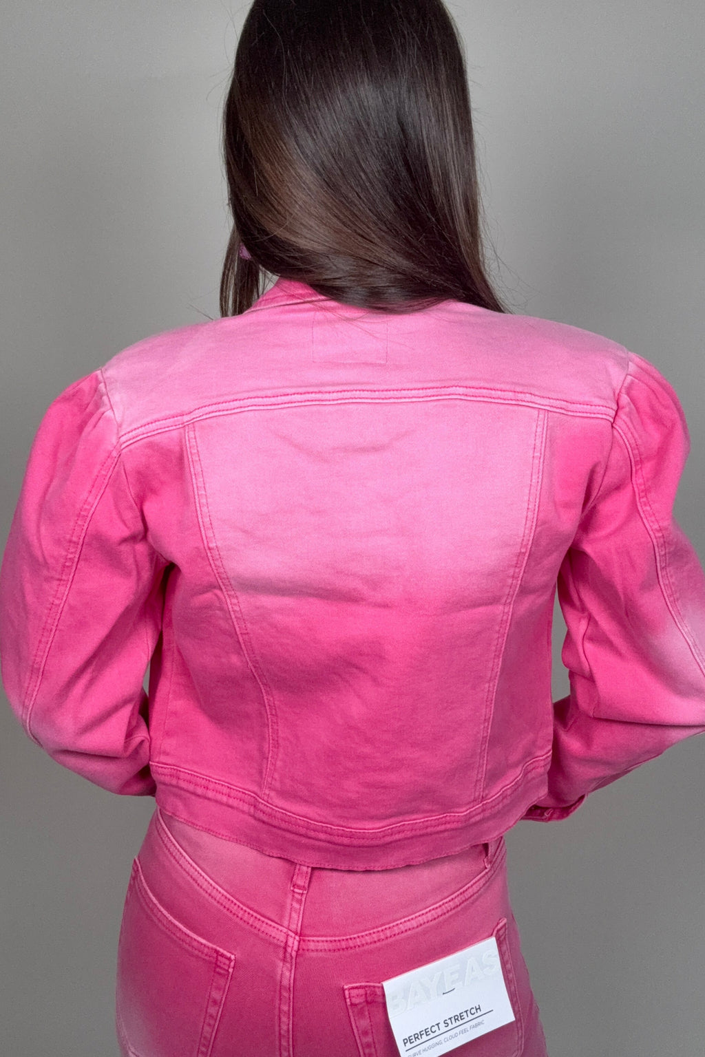 Bayeas Razberry Pink Puff Sleeve Denim Jacket