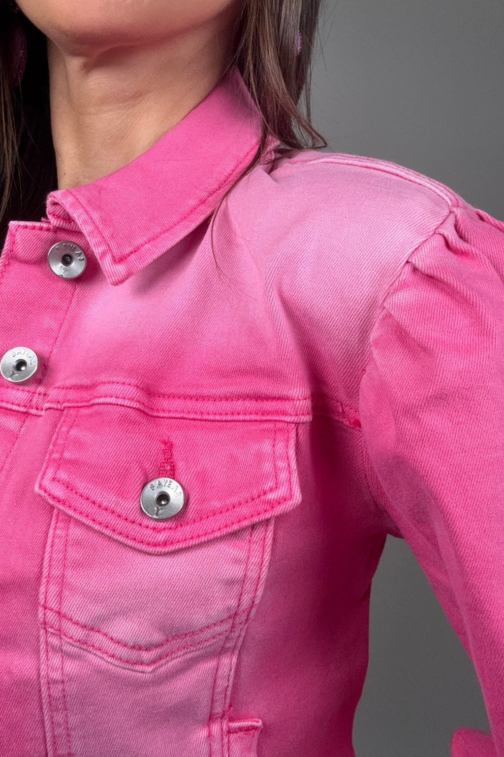 Bayeas Razberry Pink Puff Sleeve Denim Jacket