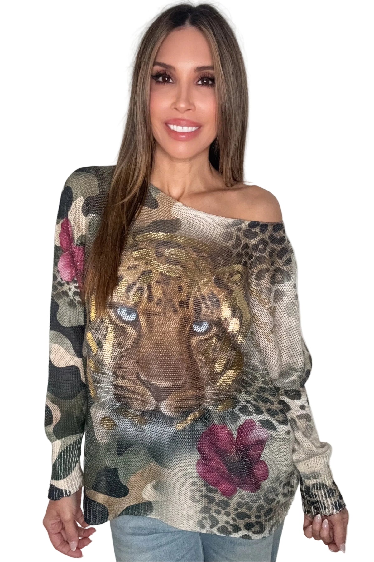 Camo Tiger Face Metallic Floral Knit