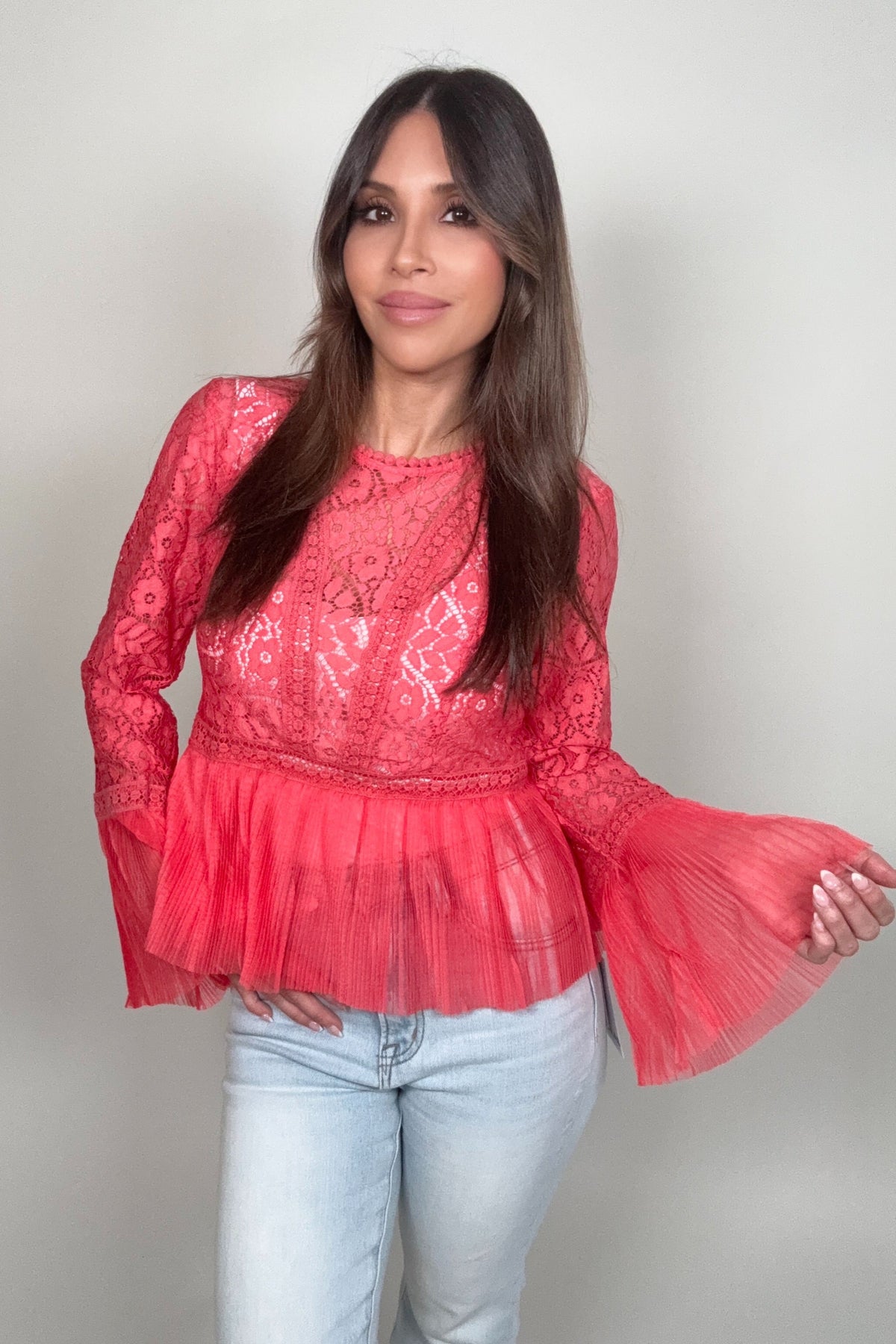 Blue B Lace Chiffon Pleated Blouse