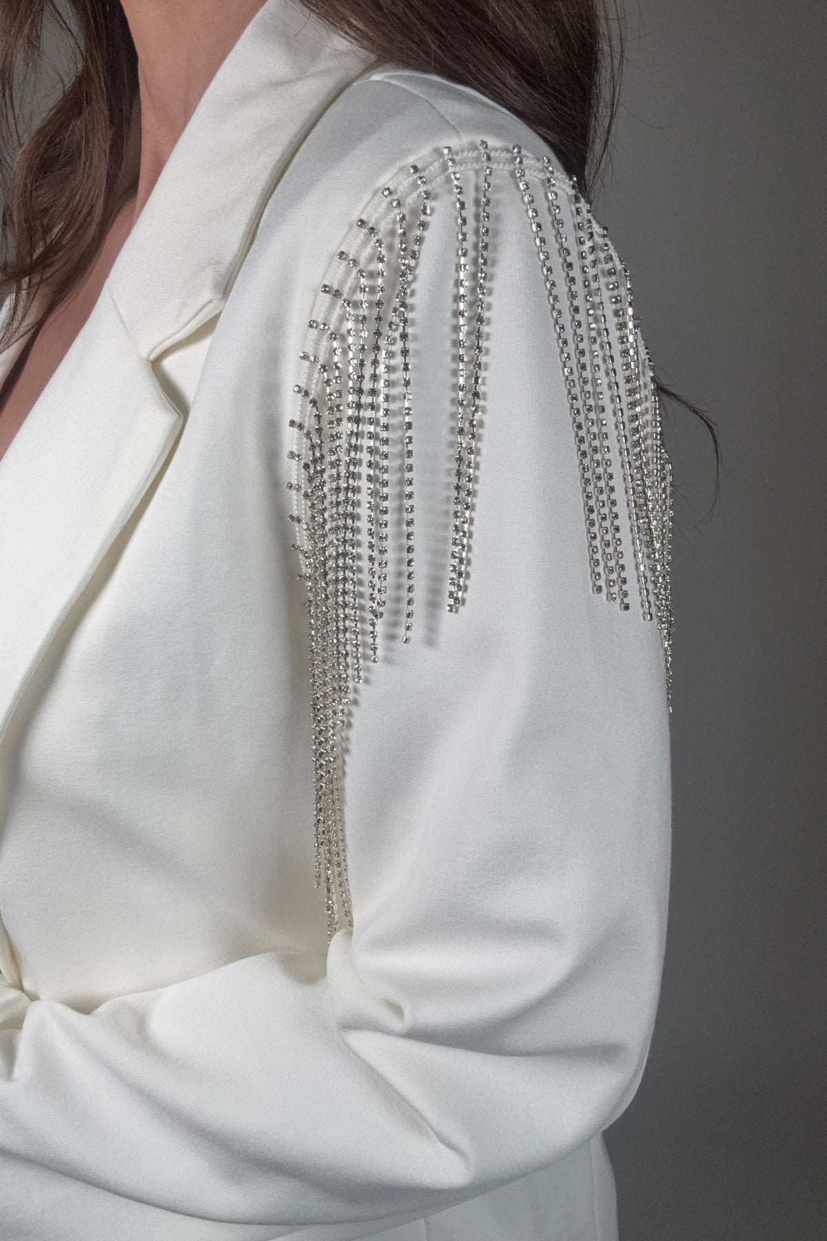 Blue B White Boyfriend Rhinestone Fringe Blazer