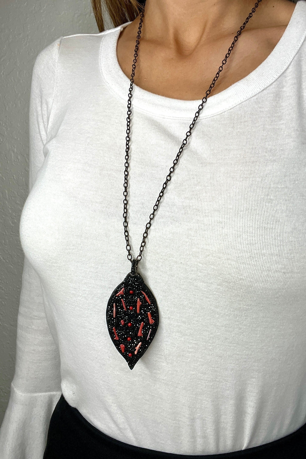 Black & Red Gemstone & Leather Pendant