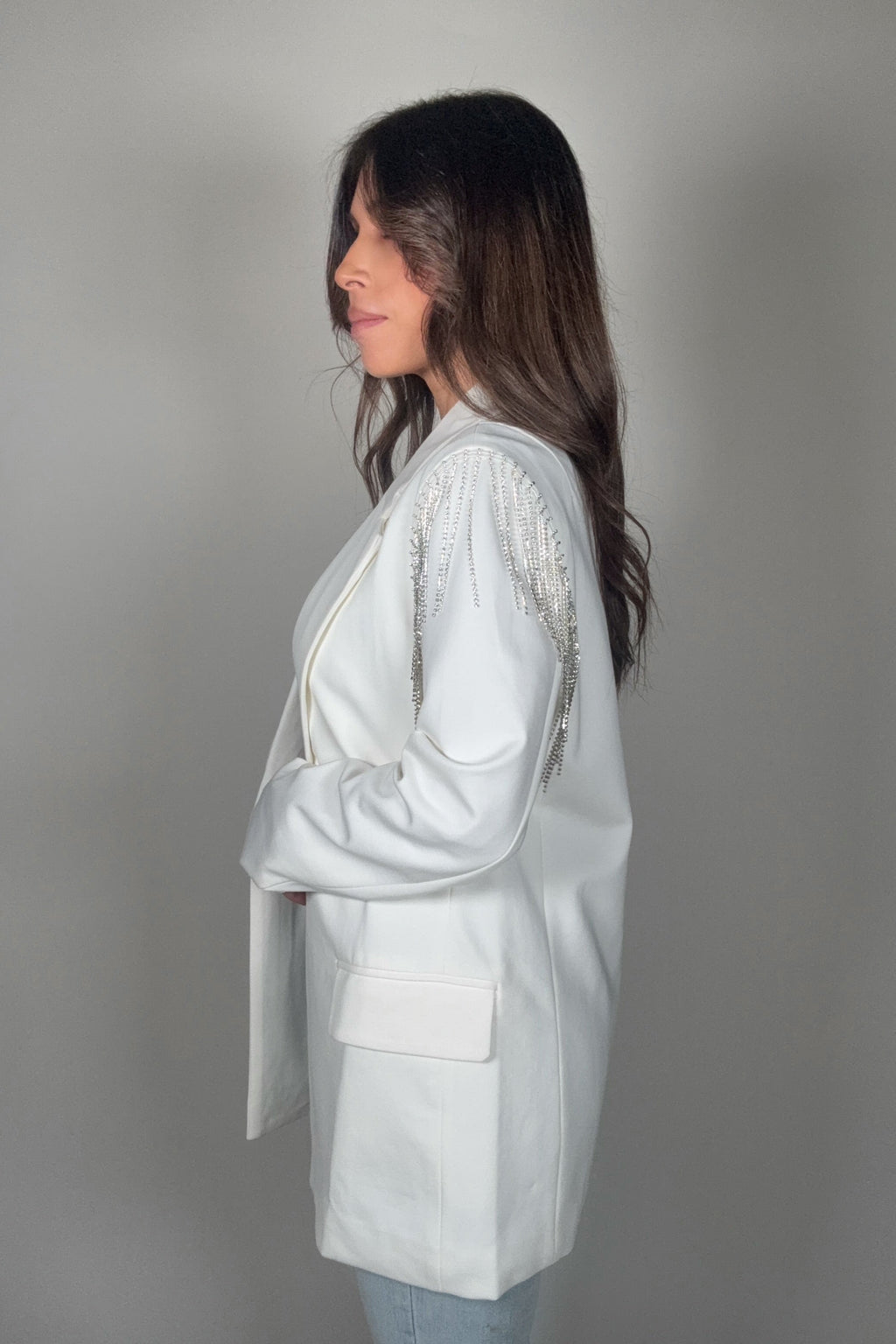 Blue B White Boyfriend Rhinestone Fringe Blazer