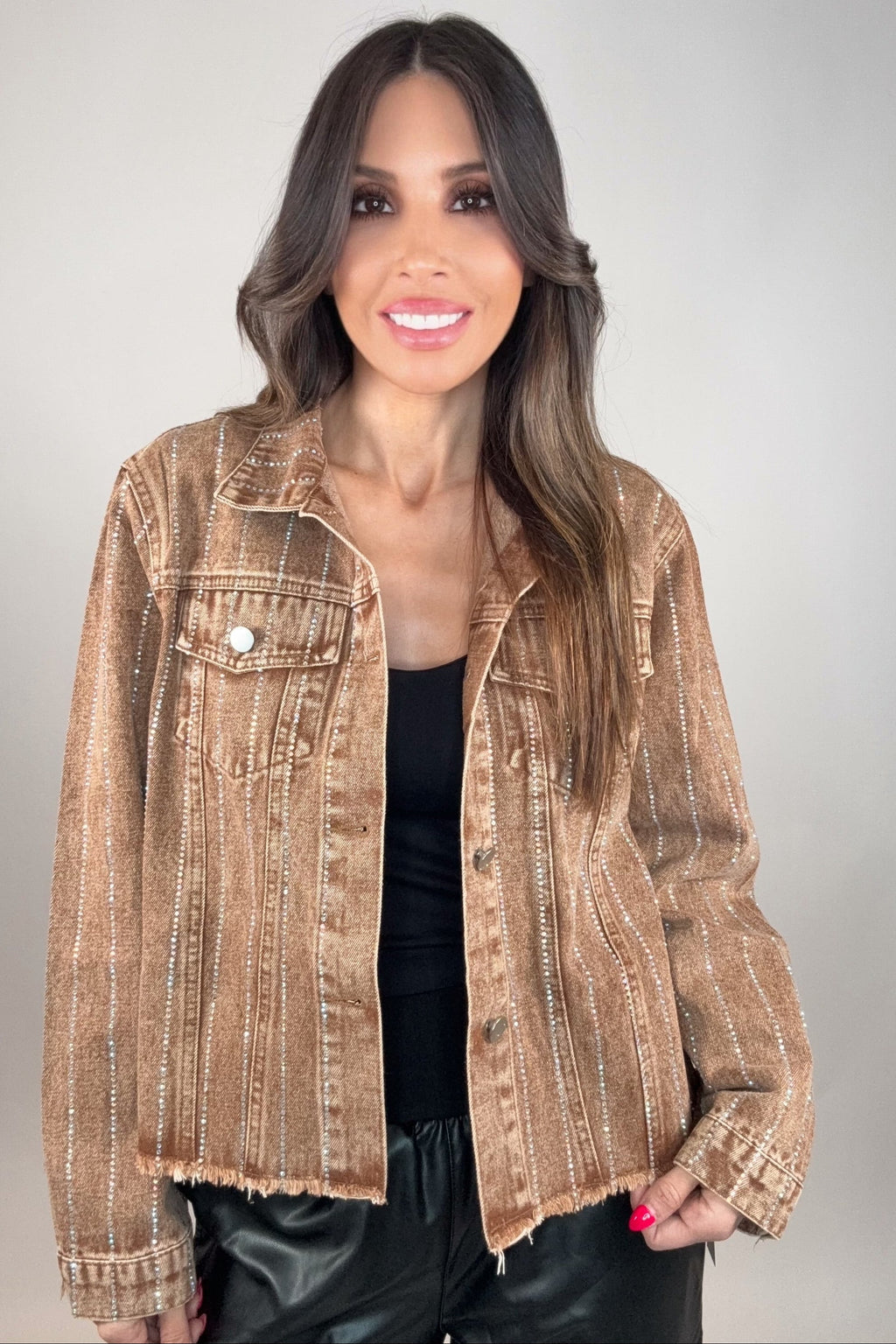 Chocolate Brown Crystal Stripe Denim Jacket