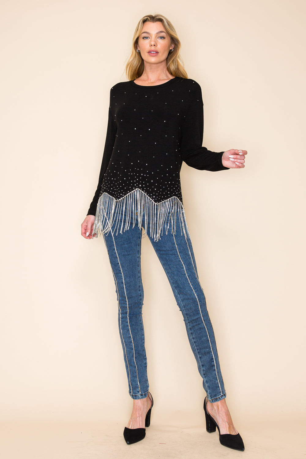 Black Rhinestone Knit Top with Fringe