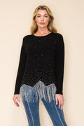 Black Rhinestone Knit Top with Fringe