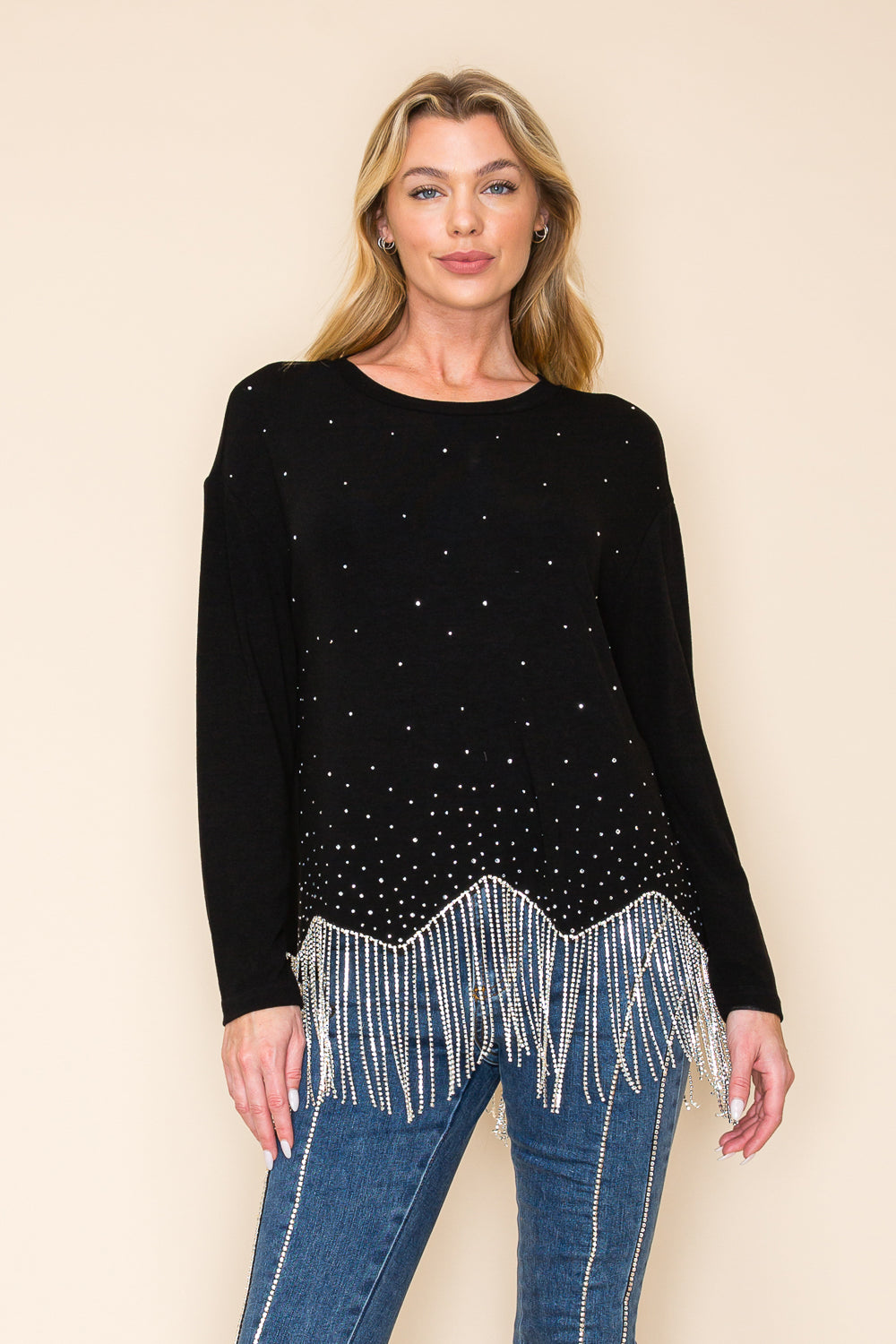 Black Rhinestone Knit Top with Fringe